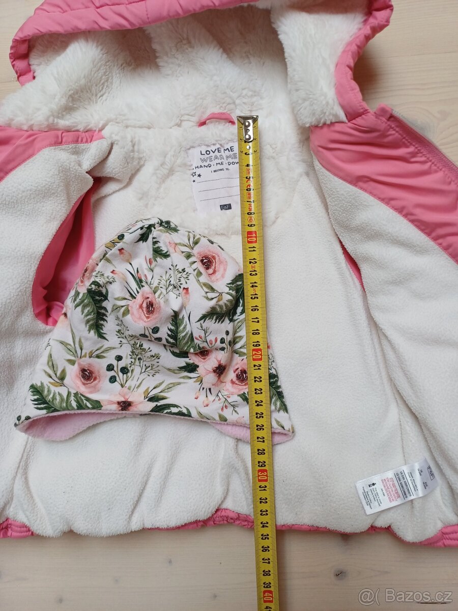 Zimní růžová bunda s kytičkovou čepičkou vel 92 - 2