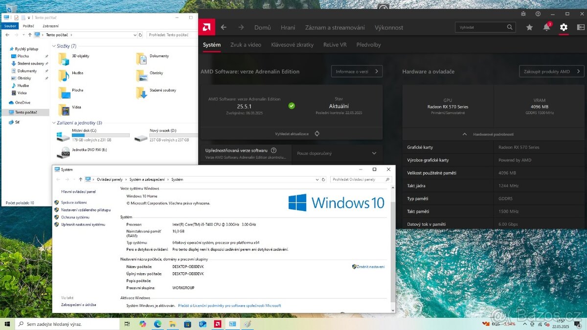 Levný herní počítač Lenovo s i5 7400 a RX 570 4GB DDR5, wifi - 2