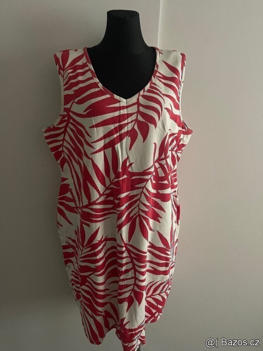 Příjemné šaty bez rukávů růžovo-bílé vel.XXL/52-54. - 2