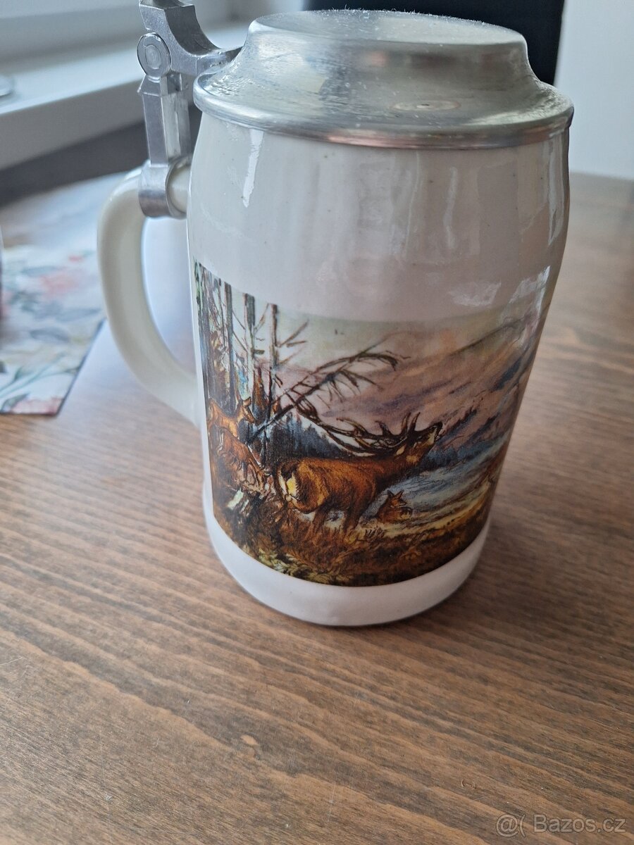 Korbel keramický s cínovým víkem- jeleni - 2