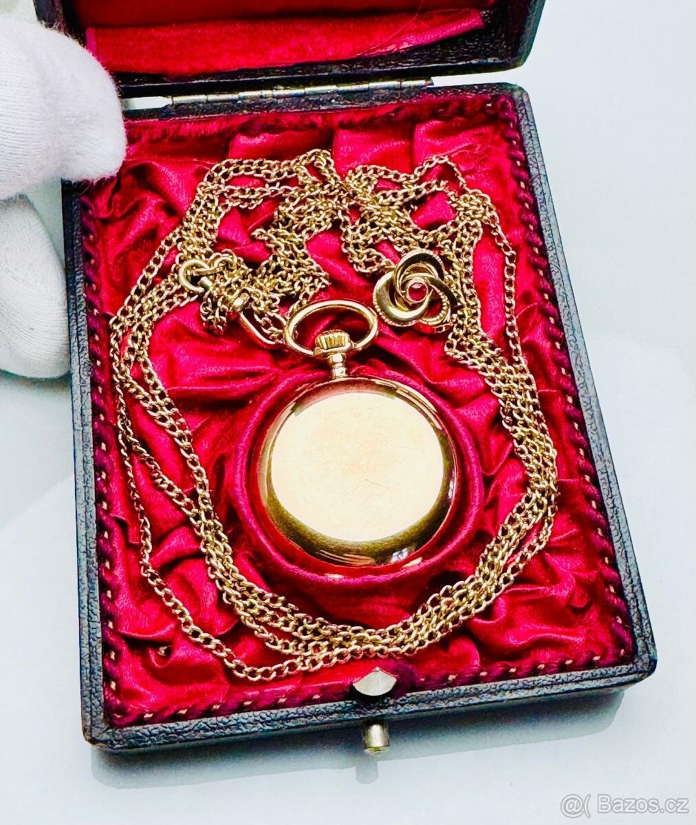 14K ZLATÉ KAPESNÍ HODINKY - JEPTIŠKY S ŘETÍZKEM A ETUI - 2