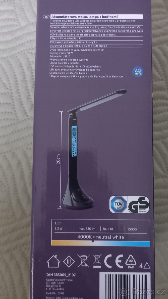 Aku stolní LED lampa s hodinami - černá - nová - 2