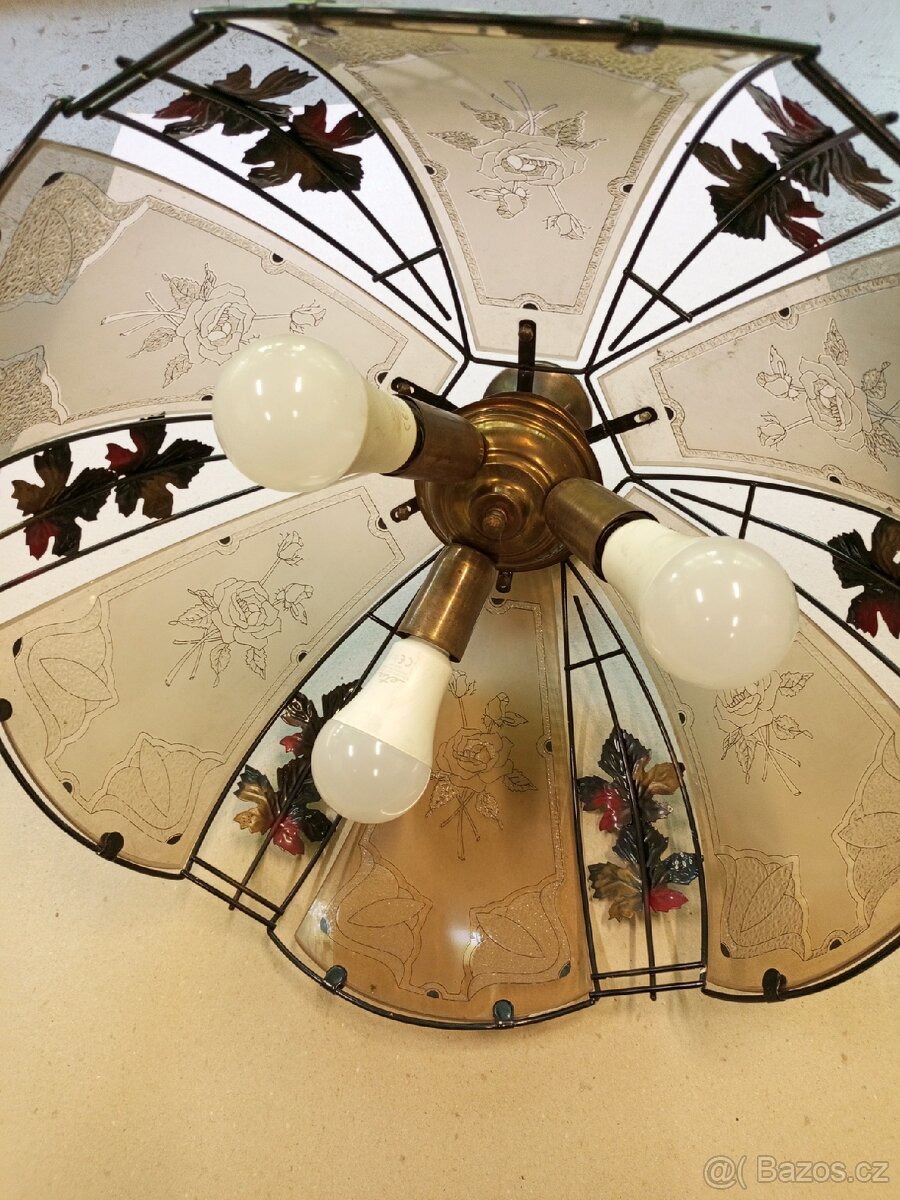 Retro závěsný lustr s rytým sklem – květinový motiv - 2