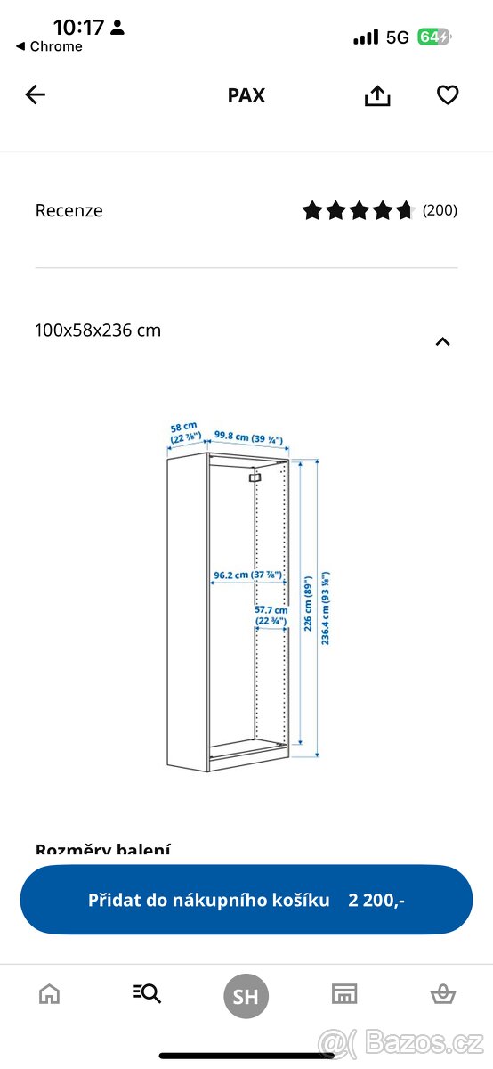 Rám skříně Ikea Pax 100x236 cm, jedna police, dva šuplíky - 2