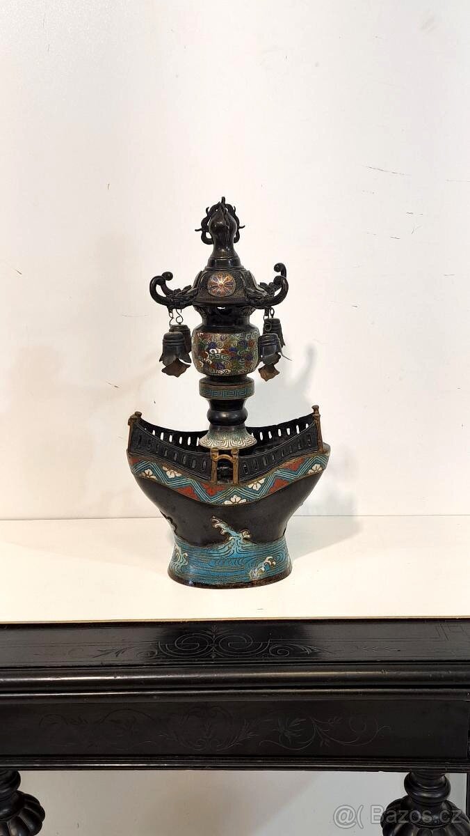 UNIKÁT-Velká starožitná cloisonné bronzová kadidelnice/lampa - 2