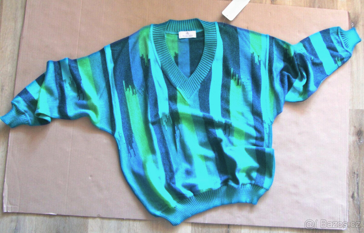 Vintage 80s pánský modrozelený svetr s visačkou - 2