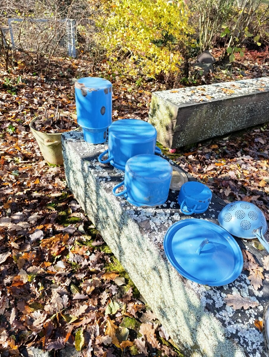 Set starý modrý smalt,secesní podnos, tácek s perletí - 2