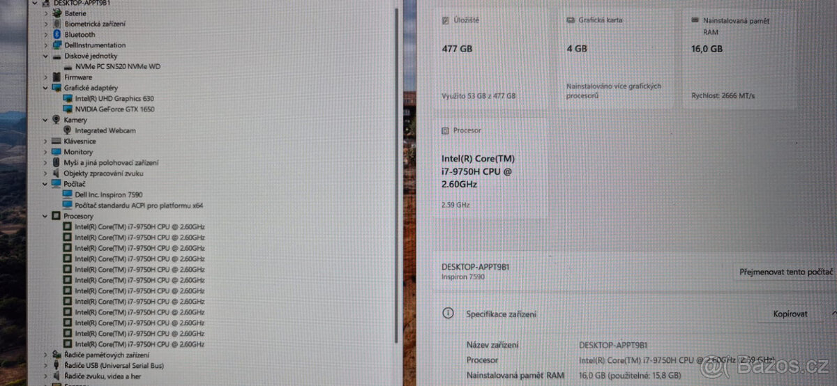 Dell, i7-9750H 6/12x 4,50GHz, 16GB DDR4, 512GB SSD, GTX1650 - 2