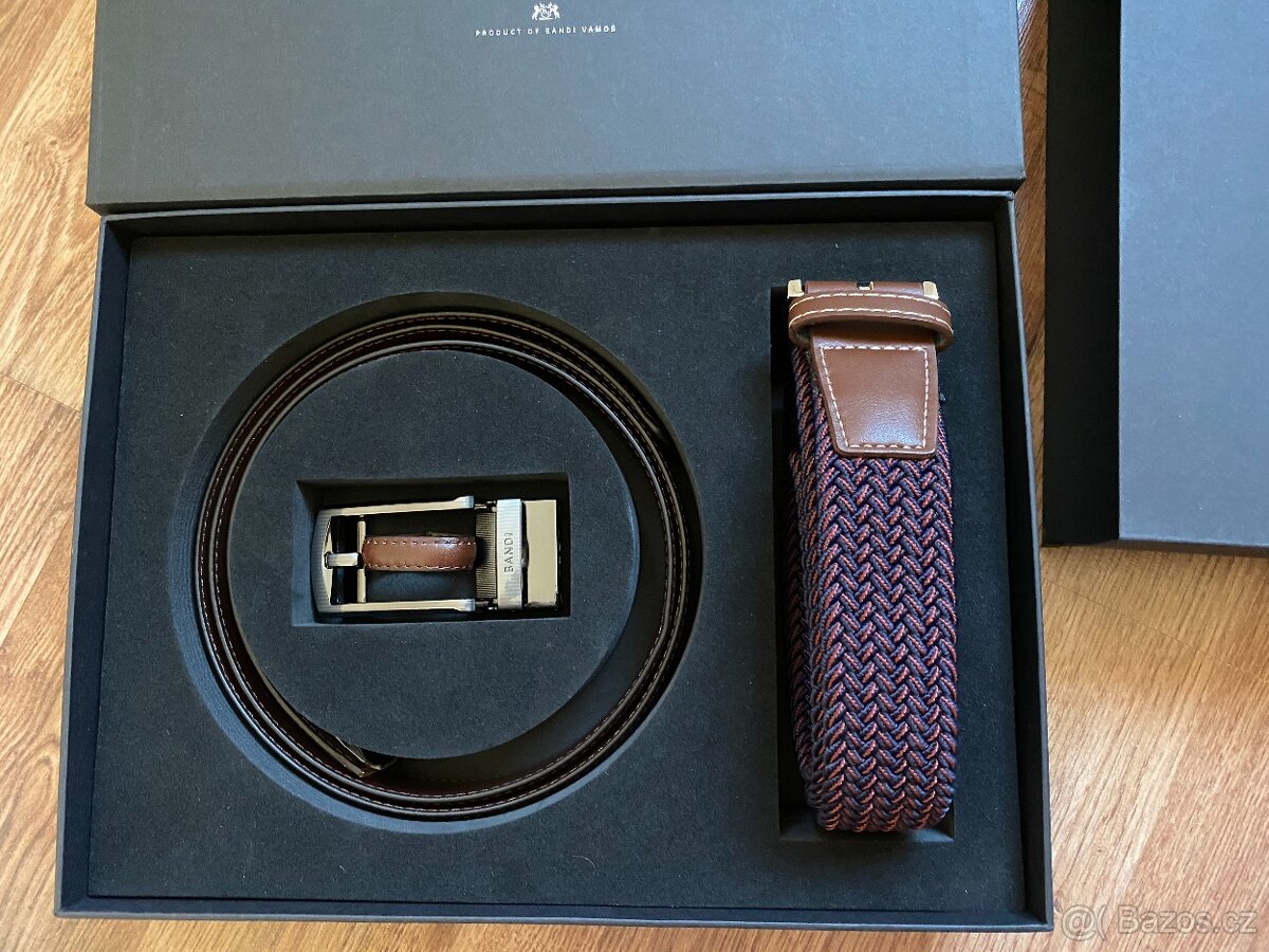Nový dárkový set opasků BANDI - hnědý kožený, vínový pružný - 2