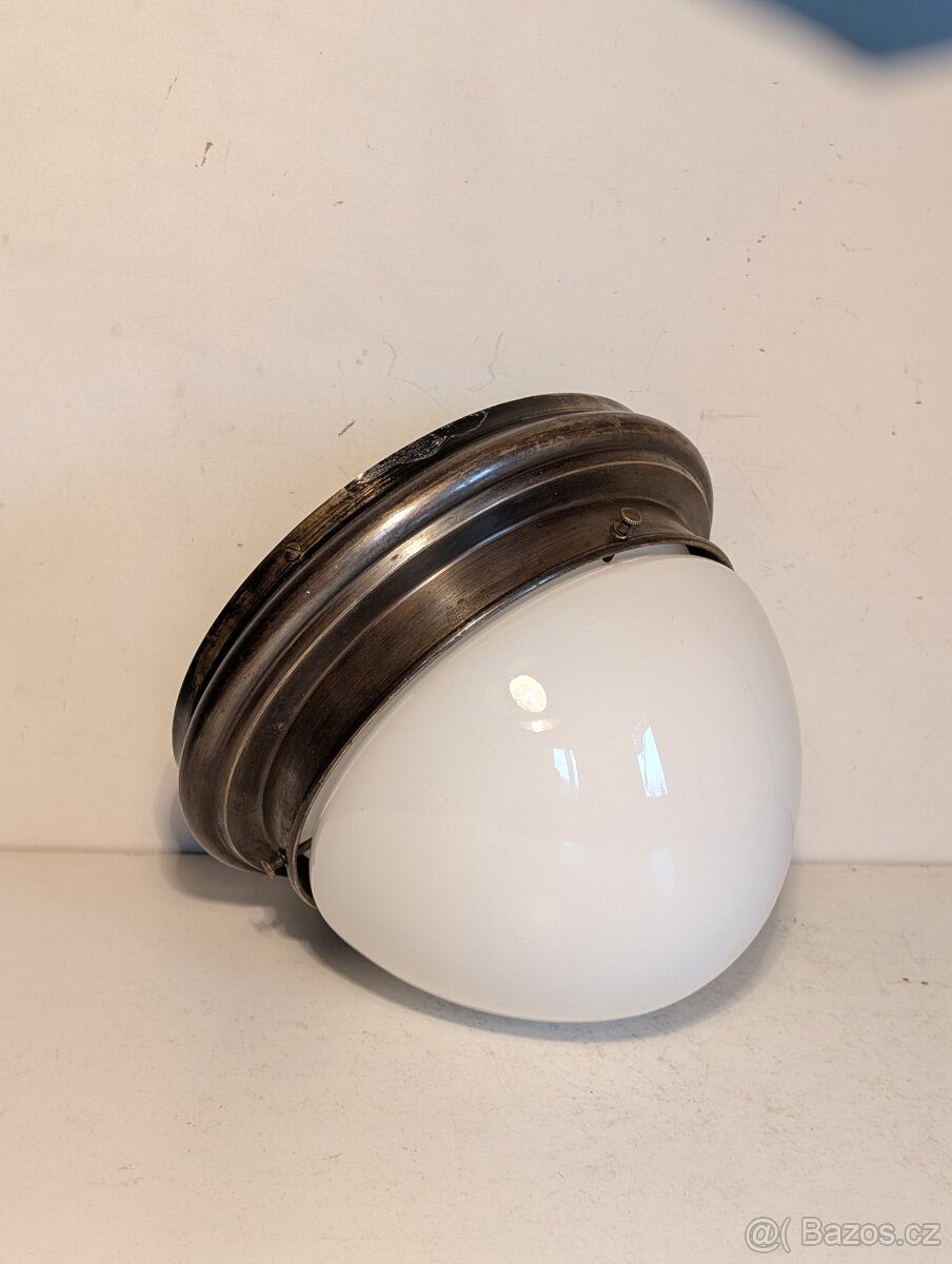 mosazný starý lustr stropnice lampa, bílé stínidlo - 2