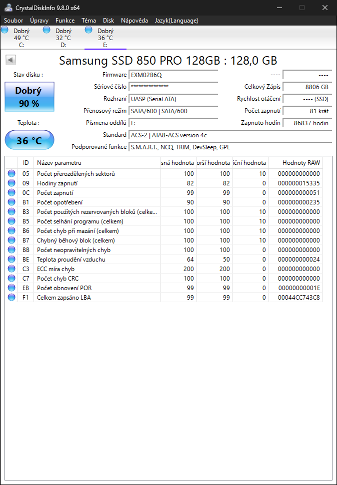 Samsung 850 PRO 128GB SSD – 90 % zdraví - 2