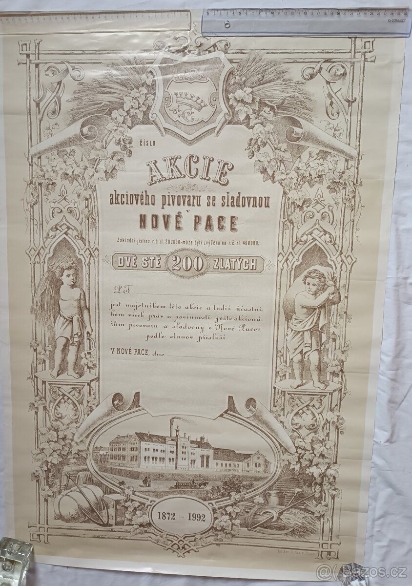 Starý plakát Pivovar Nová Paka -Akcie 200 zlatých, 96 x 65 c - 2
