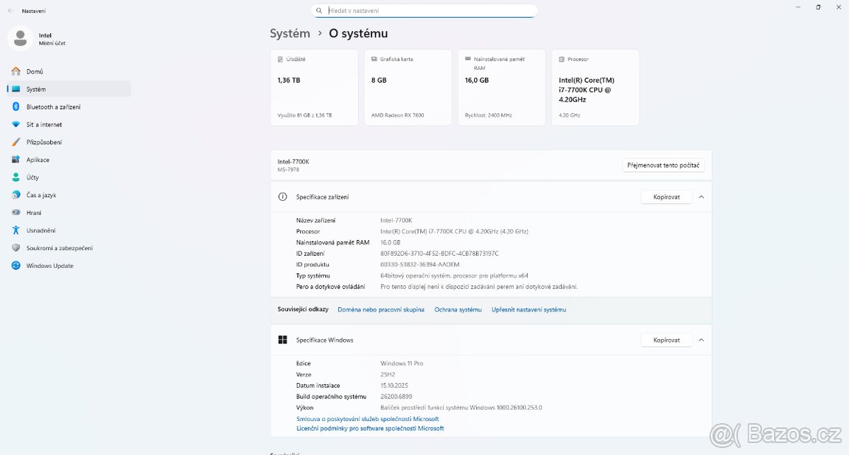 Intel i7-7700K / Radeon RX7600 8GB OC / 16GB DDR4 / 1,5 GB - 2