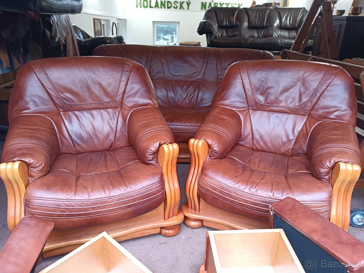 Rustikální kožená sedací souprava - rozkládací . - 2