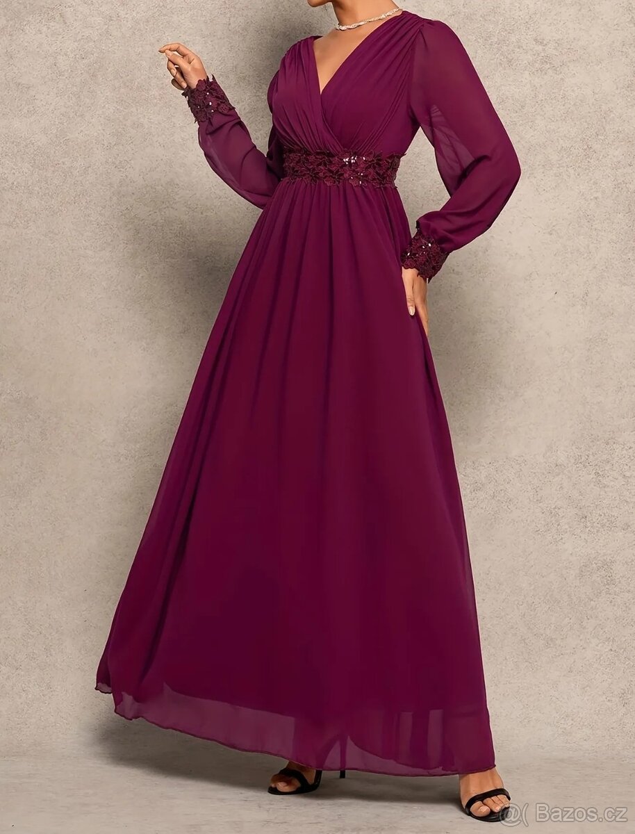 NOVÉ plesové šaty VÍNOVÉ s rukávy - 2