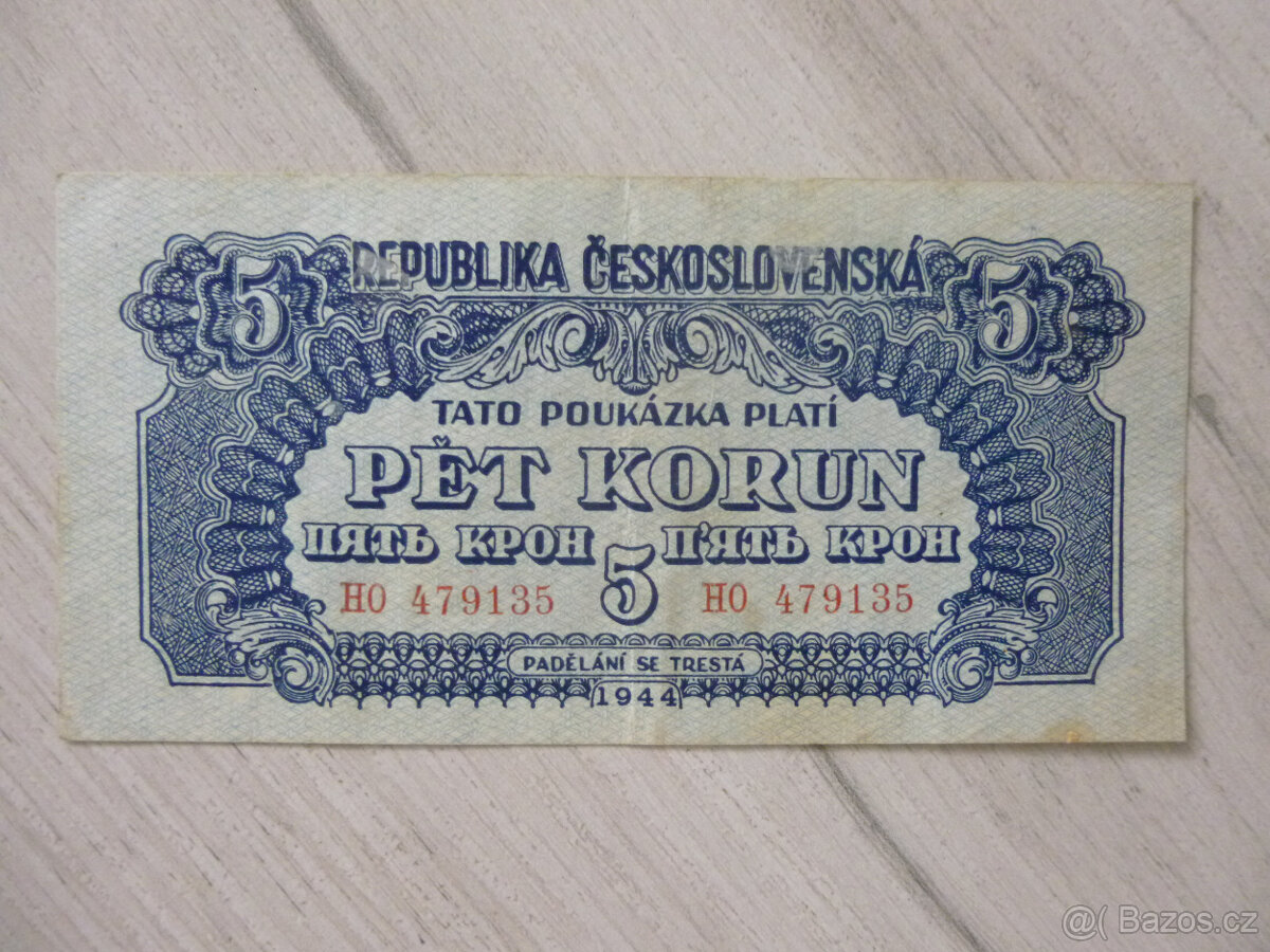 Bankovka 5 korun r. 1944 série HO - 2