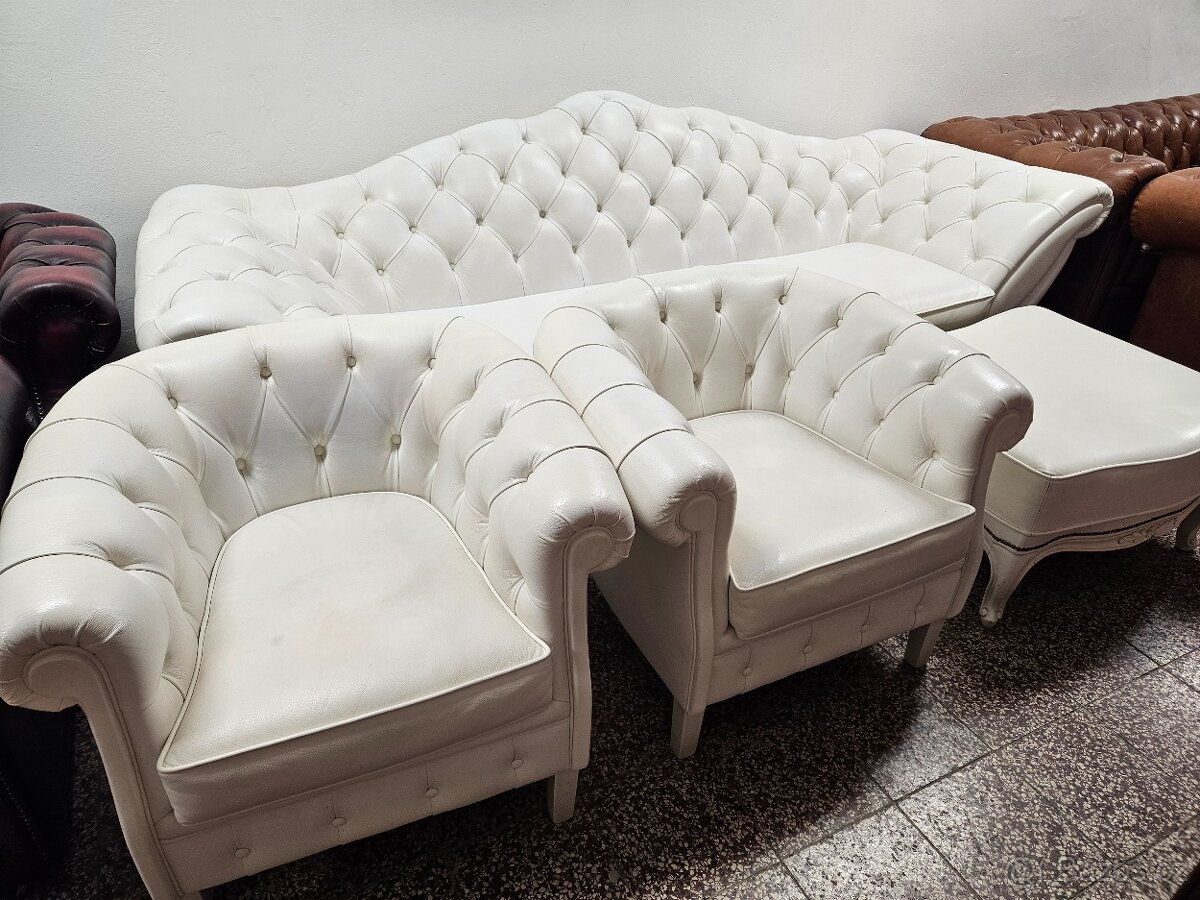 CHESTERFIELD ŠTÝL,KOŽENÁ BIELA 3+1+1+TABURET - 2