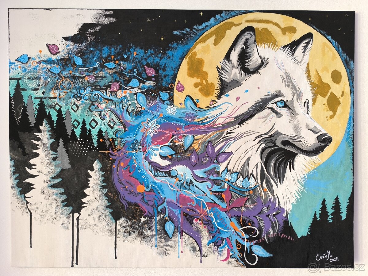 Ručně malovaný obraz vlka - 2