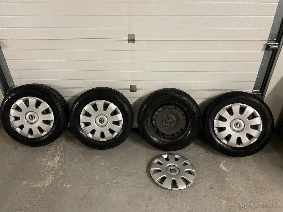 Zimní sada 15” plech disků 5x112 a ZÁNOVNÍ pneu 195/65 R15 - 2
