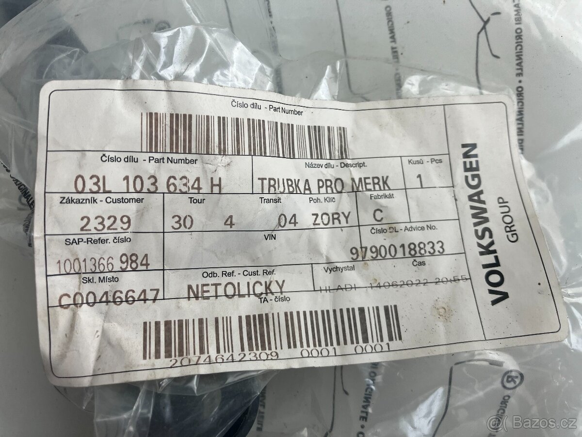 Trubka měrky oleje 03L103634H 1.6 TDI, 2.0 TDI originál - 2