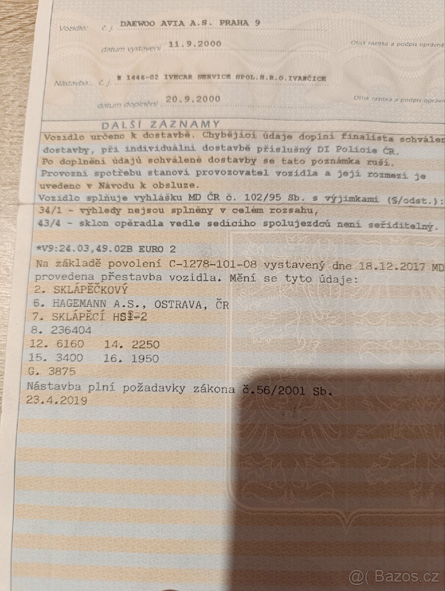 Avia A75-L - Technický průkaz - 2