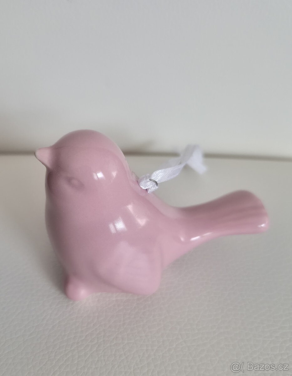 Růžový keramický ptáček dekorace ozdoba zavěšení - 2