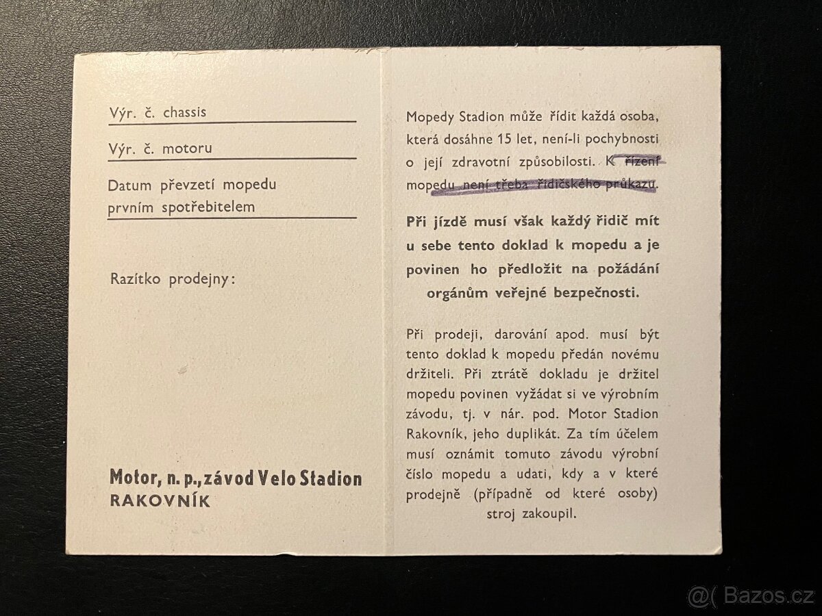 Doklad - kartička MOPED S 11,22 Jaweta....Originál - 2