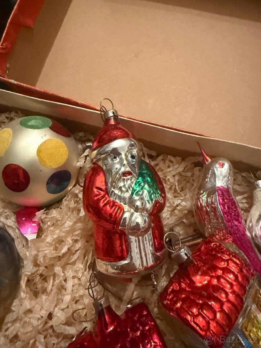 Starožitné vánoční ozdoby konvolut 8 kusů foukané sklo - 2