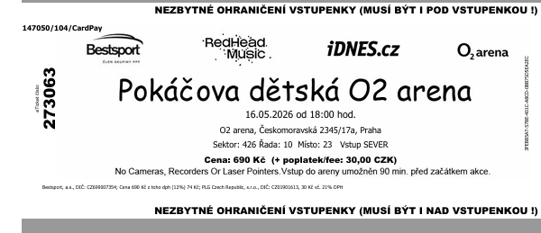 POKÁČ O2 Arena - 2 lístky, eticket - 2