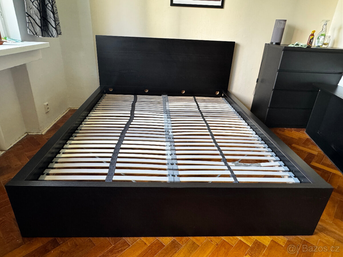 Rám postele, IKEA MALM černohnědá dýha + rošty LÖNSET - 2