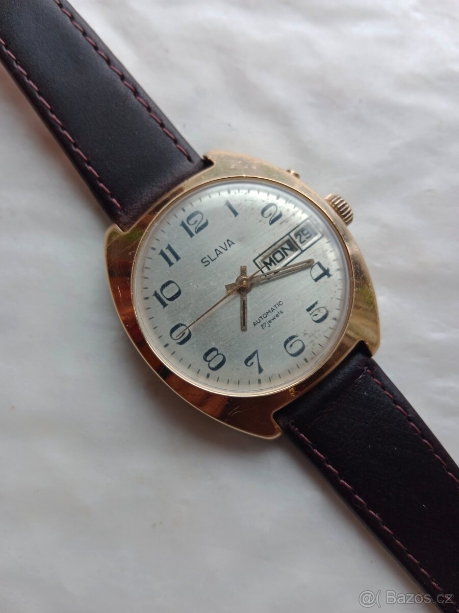 Staré funkční pozlacené hodinky Slava automati - 2