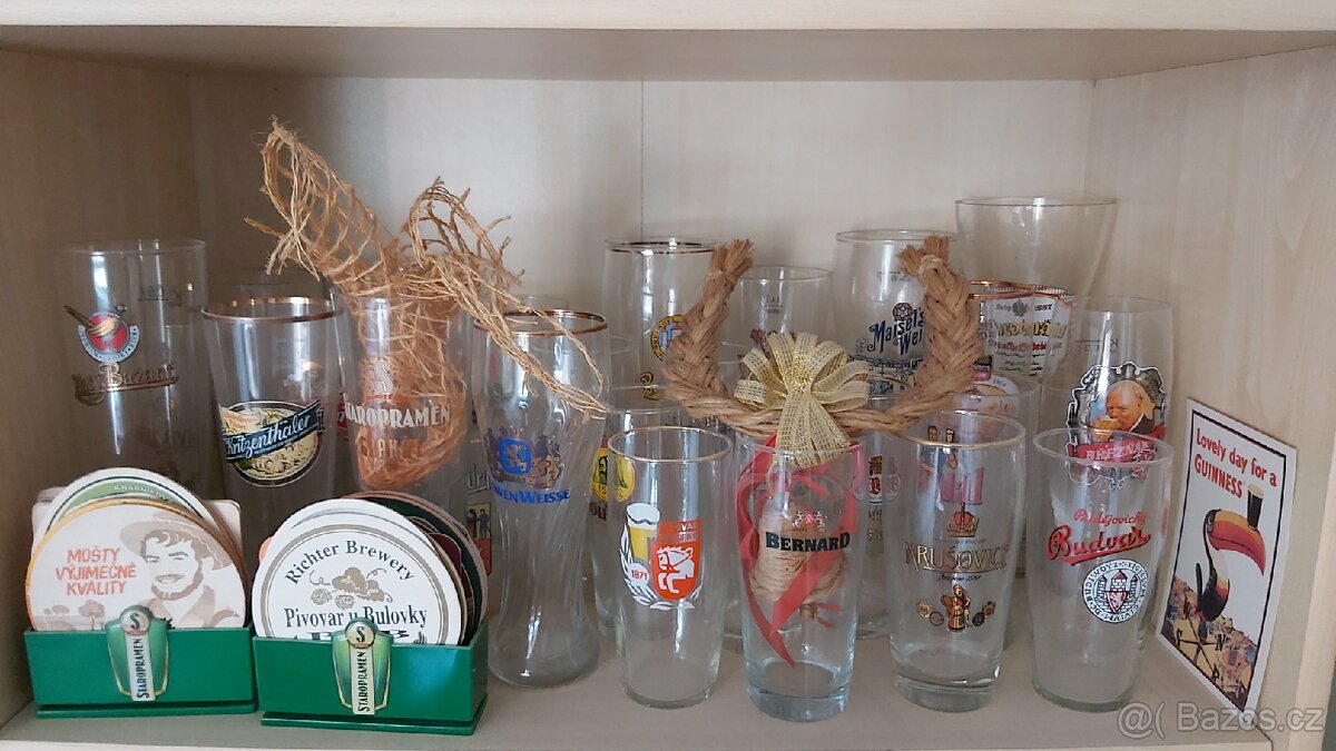 Sklenice Korbele 70.léta+, pivní tácky - 2