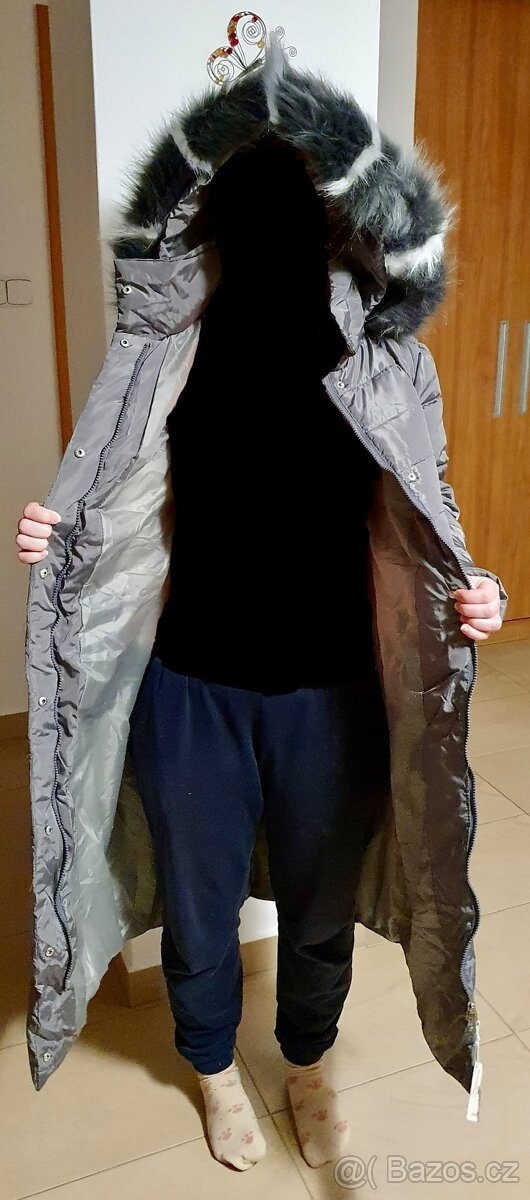Prodám dámský šedý kabát s kapucí - 2