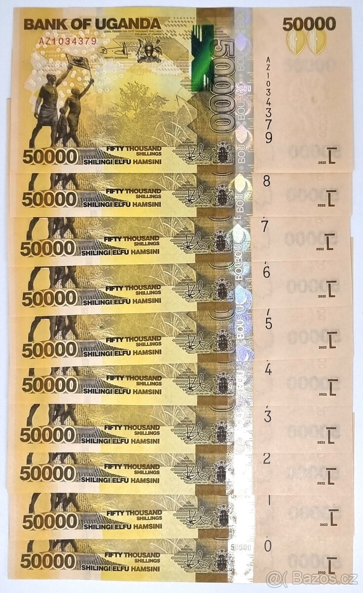 10 ks bankovek 50,000 Ugandských Šilinků, nepoužitých , UNC - 2