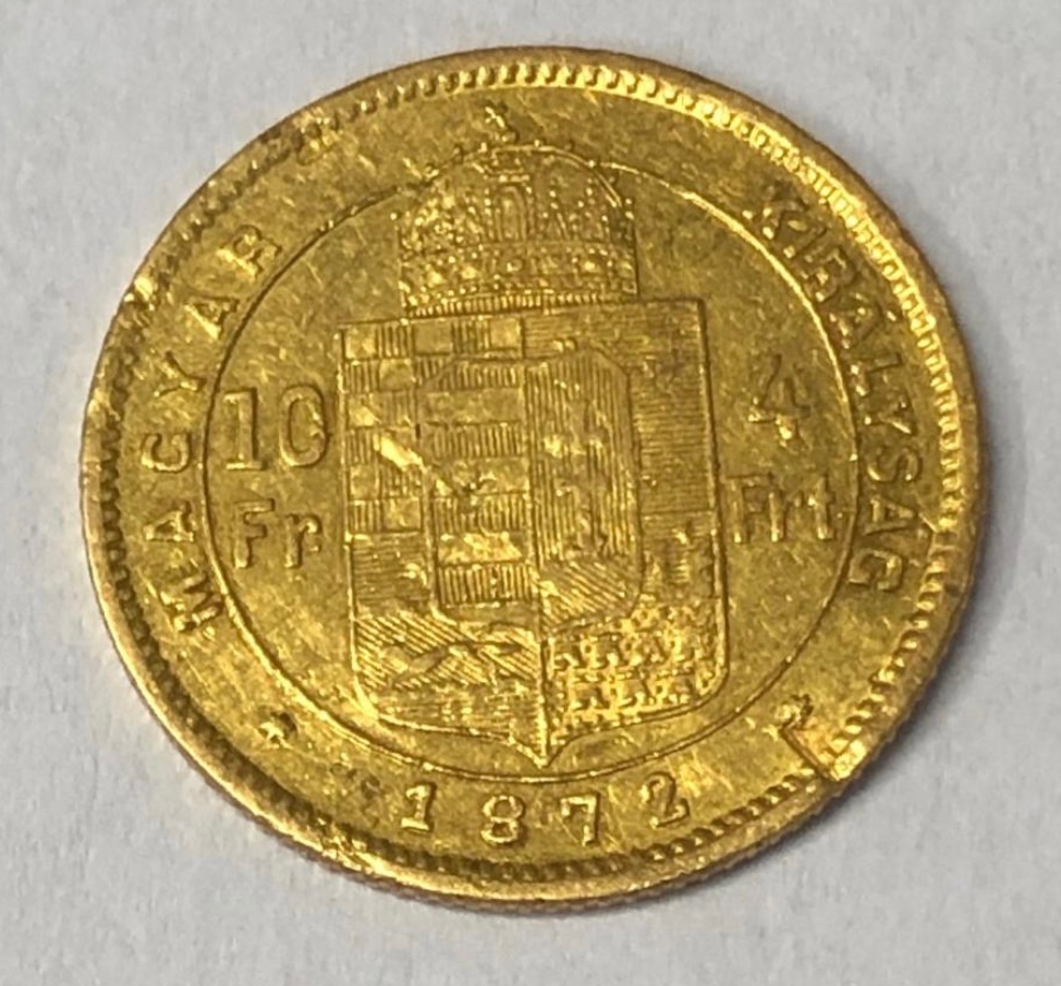 Zlatá mince, 4 Zlatník/10 Frank, 1872 KB, František Josef I. - 2