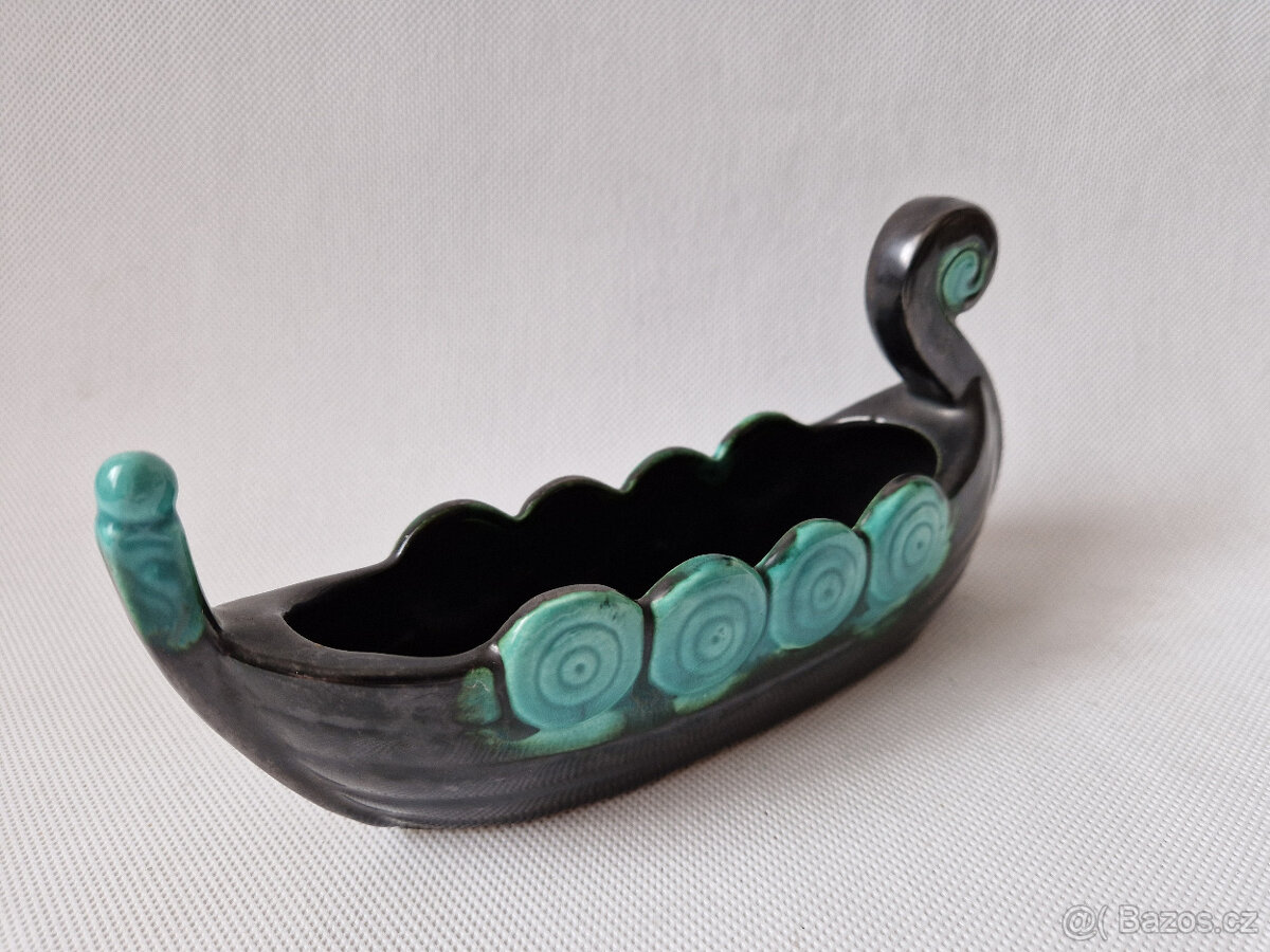 Stará keramická mísa žardiniéra vikingská loď Art Deco - 2