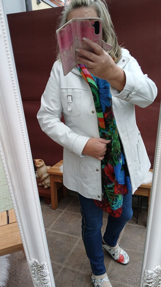 Kožená bílá elegantní delší dámská bunda Evoco vel.XL - 20