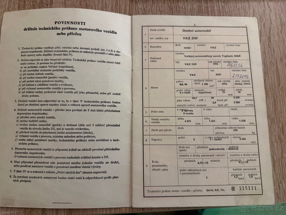Lada Vaz 2101, původní spz- tp, servisní kniha, eko placeno - 20