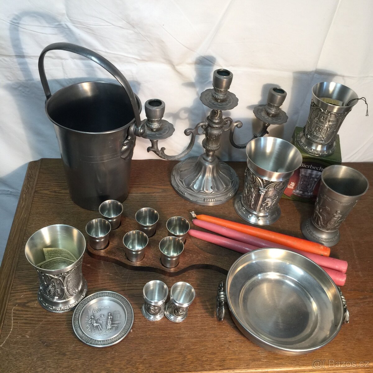 sbírka cínu pohár číše svícen mísa džber Cín - punc - 20