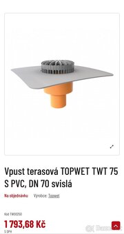 Vpust terasová TOPWET TWT 75/50 S PVC, DN 70 svislá - 2