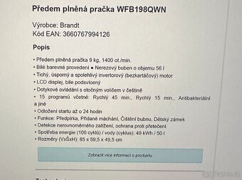 Pračka Brandt, nová, 4 roky záruka, energetická třída A - 2