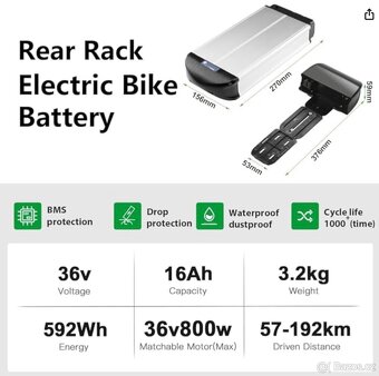 Baterie do elektrokola nosičová E-Bike 13Ah. (nebo 16Ah) - 2