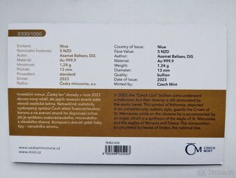 Zlatá 1/25oz investiční mince Český lev 2023 - 2