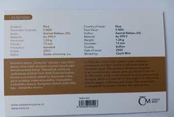 Zlatá 1/25 Oz investiční mince Český lev 2023 standard číslo - 2
