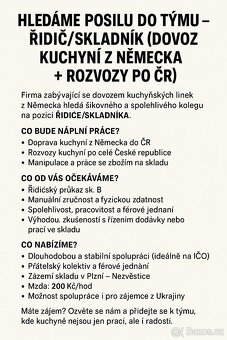 řidič/skladník (dovoz kuchyní z Německa + rozvozy po ČR) - 2