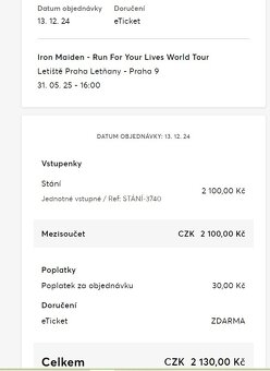 Vstupenka na koncert Iron Maiden 31.5.2025 v Praze. - 2
