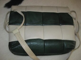 originální prošívaná velká kožená kabelka krémovo-zelená - 2