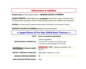REZERVACE iPhone 16 Pro Max 256GB černý NOVÝ - 2