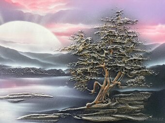 3D obraz jezero, hory, slunce - 2