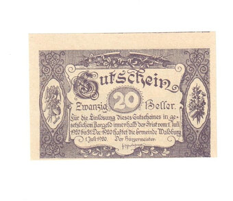 20 Heller z Waldburgu, Rakousko, Horní Rakousy1920 - 2